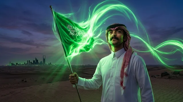 رجل سعودي بالزي التقليدي يحمل العلم الوطني في الصحراء