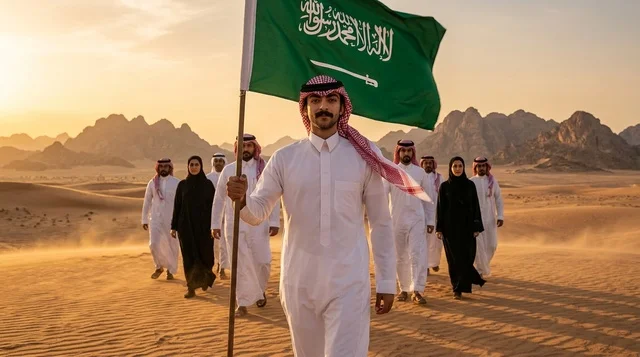 Saudi People with National Flag in Desert at Sunset