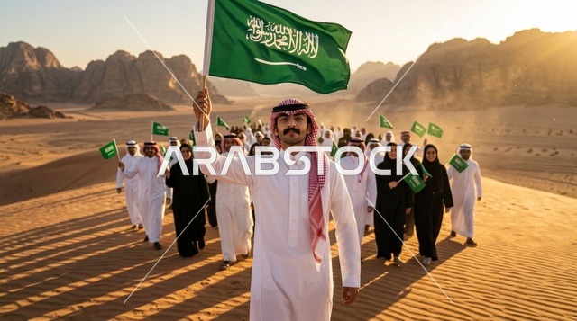 مواطن سعودي يحمل العلم الوطني فوق الكثبان الرملية
