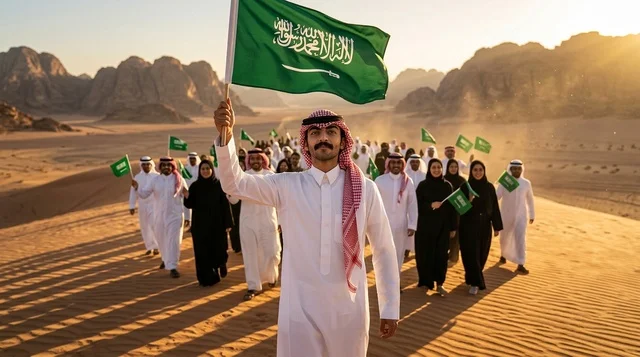 مواطن سعودي يحمل العلم الوطني فوق الكثبان الرملية
