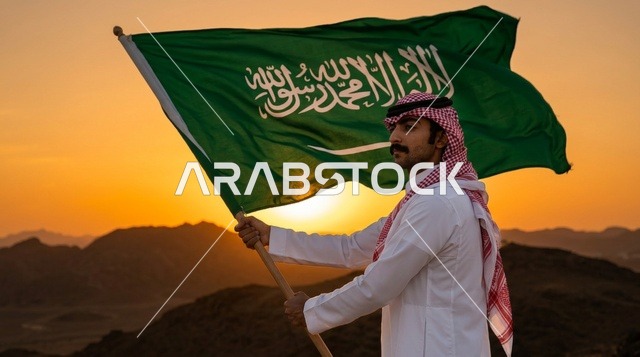 مواطن سعودي يحمل العلم الوطني فوق الكثبان الرملية