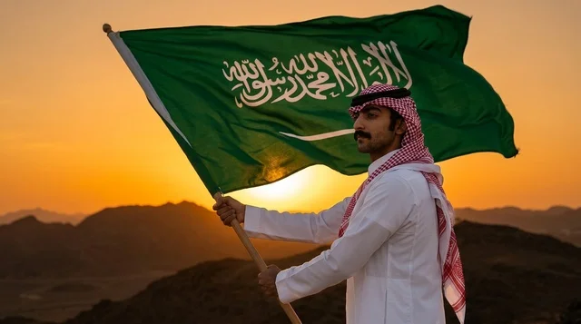 مواطن سعودي يحمل العلم الوطني فوق الكثبان الرملية