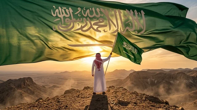 مواطن سعودي يحمل العلم الوطني فوق الكثبان الرملية