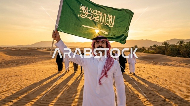 رجل سعودي يحمل العلم في الصحراء وقت الغروب