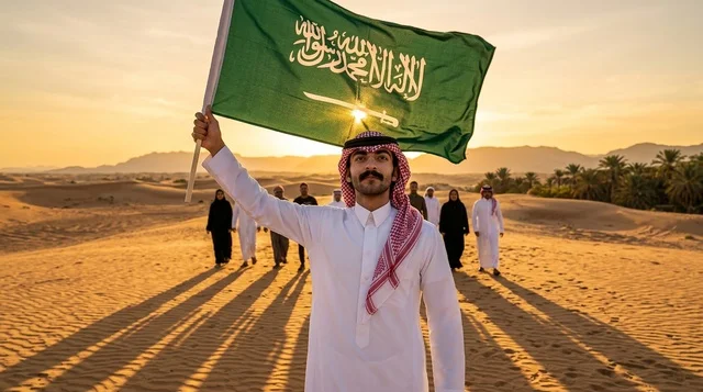 رجل سعودي يحمل العلم في الصحراء وقت الغروب