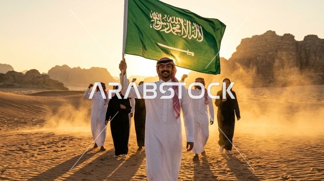 مواطن سعودي يحمل العلم الوطني فوق الكثبان الرملية