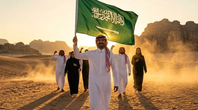 مواطن سعودي يحمل العلم الوطني فوق الكثبان الرملية