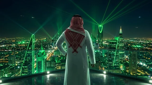 رجل سعودي بالزي التقليدي يطل على أفق مدينة الرياض ليلا