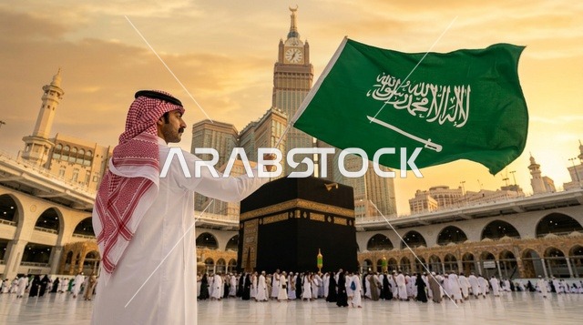 مواطن سعودي يحمل العلم الوطني امام الكعبة الشريفة