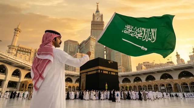 A Saudi citizen holds the national flag in front of the Holy Kaaba.