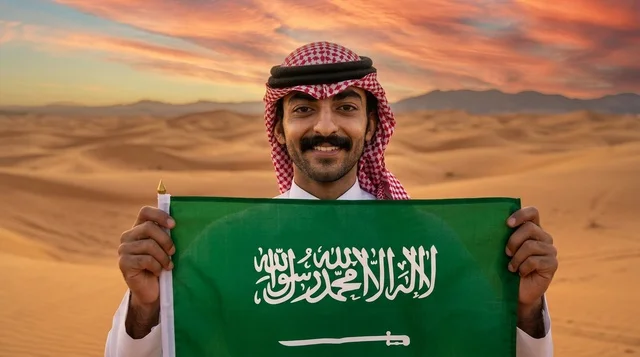 رجل سعودي يبتسم ويمسك علم السعودية في الصحراء وقت الغروب