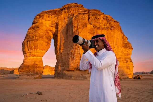 Saudi Photographer at Elephant Rock AlUla Sunset Desert Saudi Photographer at Elephant Rock AlUla Sunset Desert