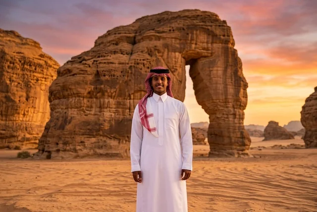 رجل سعودي عند جبل الفيل في العلا وقت الغروب