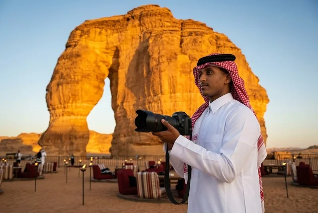 A Saudi photographer at Elephant Mountain in Al-Ula at sunset. A Saudi photographer at Elephant Mountain in Al-Ula at sunset.