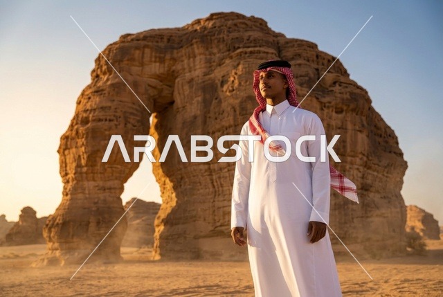 رجل سعودي بالزي التقليدي عند جبل الفيل في العلا بالغروب