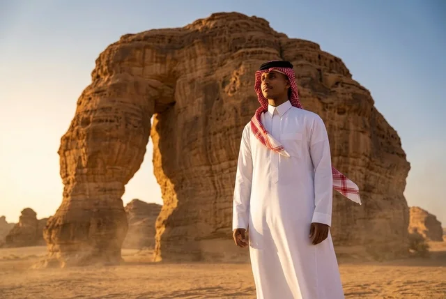 رجل سعودي بالزي التقليدي عند جبل الفيل في العلا بالغروب