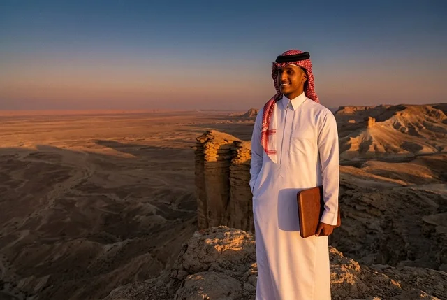 رجل سعودي بالثوب التقليدي على جرف صحراوي وقت الغروب