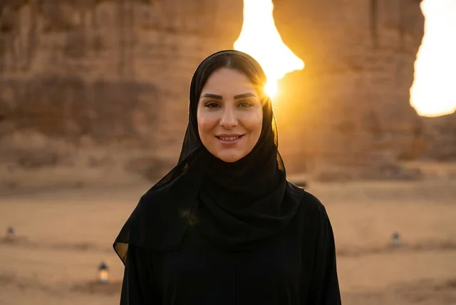 امرأة سعودية بالعباءة في صحراء العلا وقت الغروب