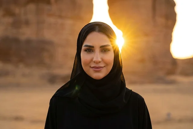 امرأة سعودية عند جبل الفيل في العلا وقت الغروب