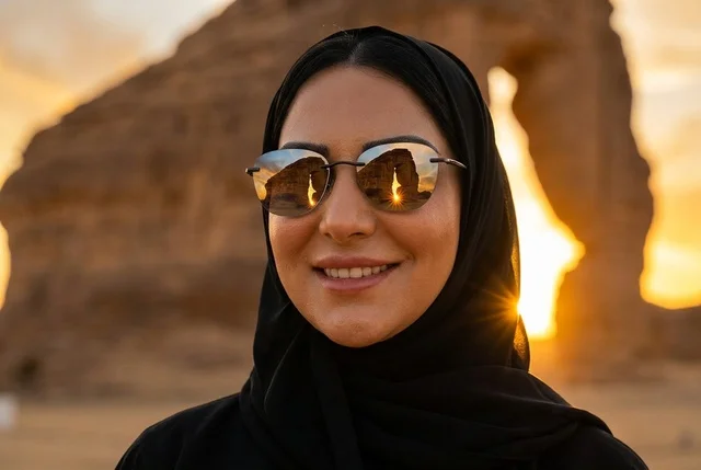 امرأة سعودية عند جبل الفيل في العلا وقت الغروب