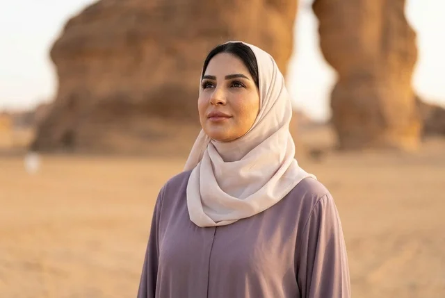امرأة سعودية بالعباءة والحجاب عند جبل الفيل بالعلا