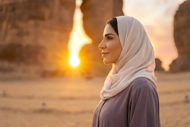 امرأة سعودية بالعباءة والحجاب عند جبل الفيل بالعلا
