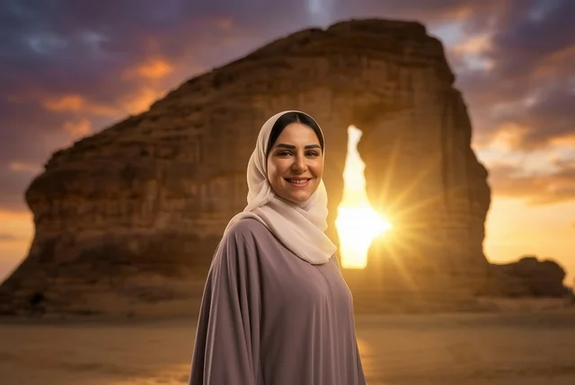 امرأة سعودية بالعباءة أمام جبل الفيل في العلا وقت الغروب