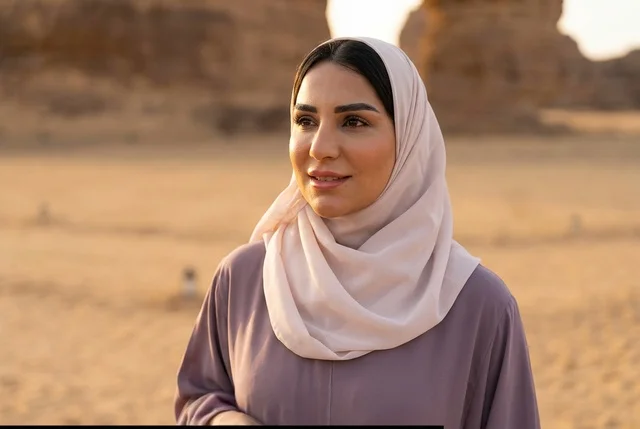 امرأة سعودية بالحجاب في الصحراء وقت الغروب