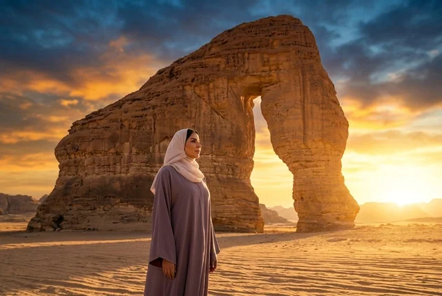امرأة سعودية عند جبل الفيل في العلا وقت الغروب