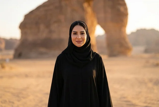 امرأة سعودية بالعباءة السوداء أمام جبل الفيل في العلا
