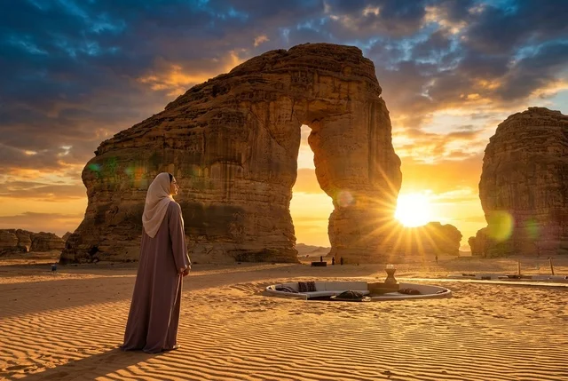 Saudi Woman Standing at Elephant Rock AlUla Desert Sunset Saudi Woman Standing at Elephant Rock AlUla Desert Sunset