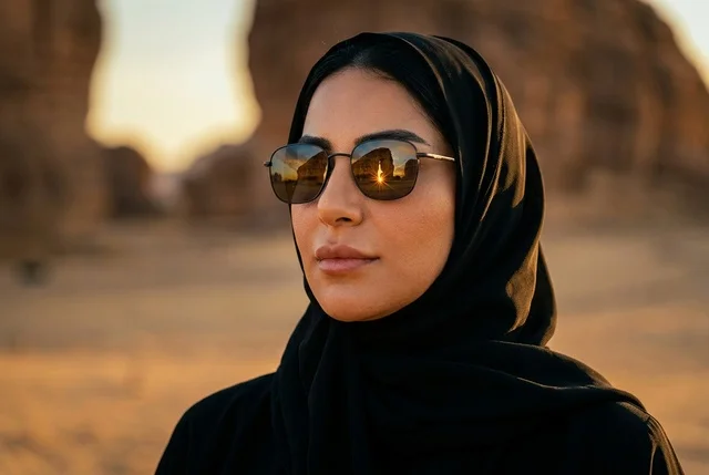 امرأة سعودية عند جبل الفيل في العلا وقت الغروب