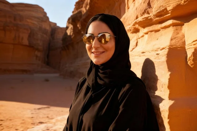 Saudi Woman in Black Abaya at Al-Ula Desert Canyon Saudi Woman in Black Abaya at Al-Ula Desert Canyon