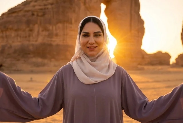 امرأة سعودية عند صخرة الفيل في العلا وقت الغروب
