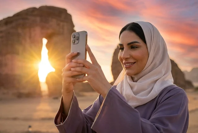 امرأة سعودية تلتقط صورة بهاتفها في العلا وقت الغروب