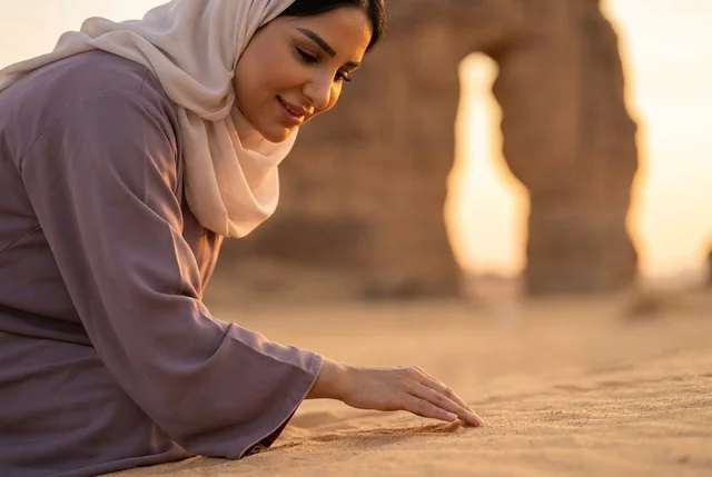 امرأة سعودية عند جبل الفيل في صحراء العلا وقت الغروب