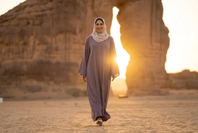 Saudi Woman in Abaya at Elephant Rock AlUla Sunset