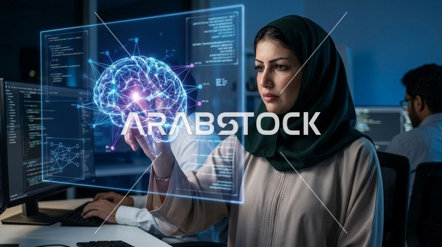 أخصائية تقنية معلومات سعودية تتفاعل مع هولوغرام رقمي
