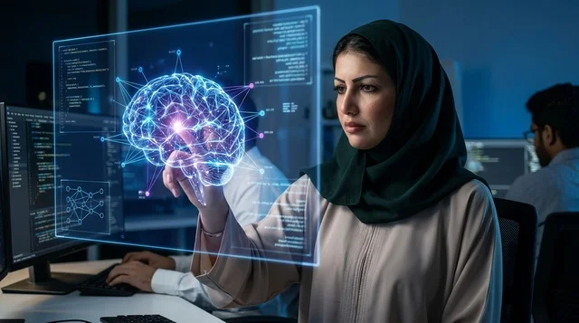 أخصائية تقنية معلومات سعودية تتفاعل مع هولوغرام رقمي