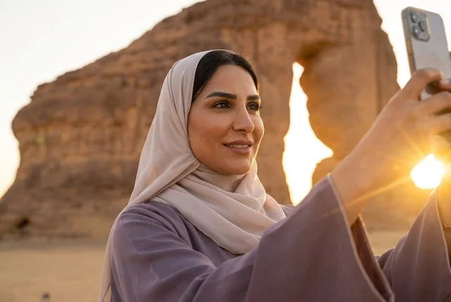 امرأة سعودية بالعباءة والحجاب عند جبل الفيل بالعلا