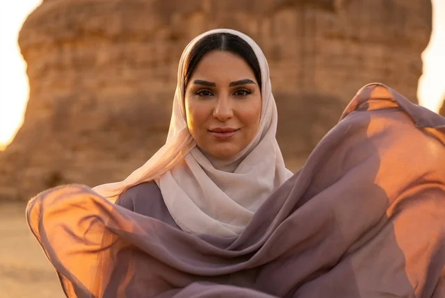 امرأة سعودية بالعباءة والحجاب في الصحراء وقت الغروب امرأة سعودية بالعباءة والحجاب في الصحراء وقت الغروب