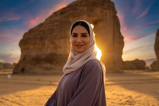 امرأة سعودية بالعباءة والحجاب عند جبل الفيل بالعلا