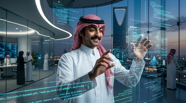 رجل أعمال سعودي يتفاعل مع شاشة هولوغرام في الرياض
