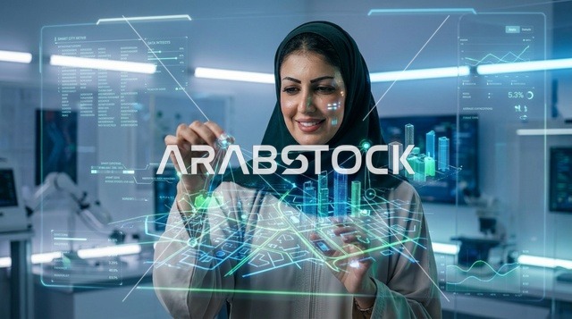 أخصائية تقنية معلومات سعودية تتفاعل مع هولوغرام رقمي