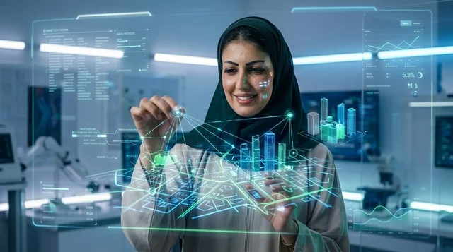 أخصائية تقنية معلومات سعودية تتفاعل مع هولوغرام رقمي