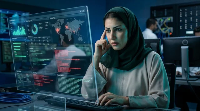 أخصائية تقنية معلومات سعودية تحلل البيانات على شاشة شفافة