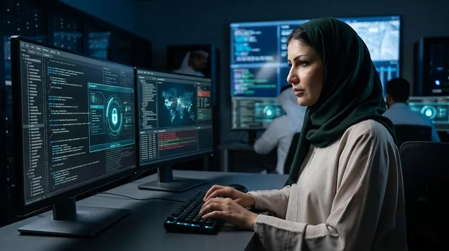Arab Woman Cybersecurity Specialist in Control Room