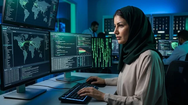 أخصائية تقنية معلومات عربية في غرفة الأمن السيبراني