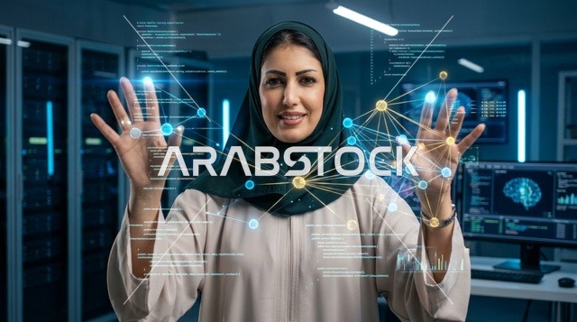 أخصائية تقنية معلومات سعودية تتفاعل مع هولوغرام رقمي