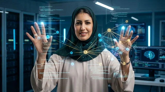 أخصائية تقنية معلومات سعودية تتفاعل مع هولوغرام رقمي